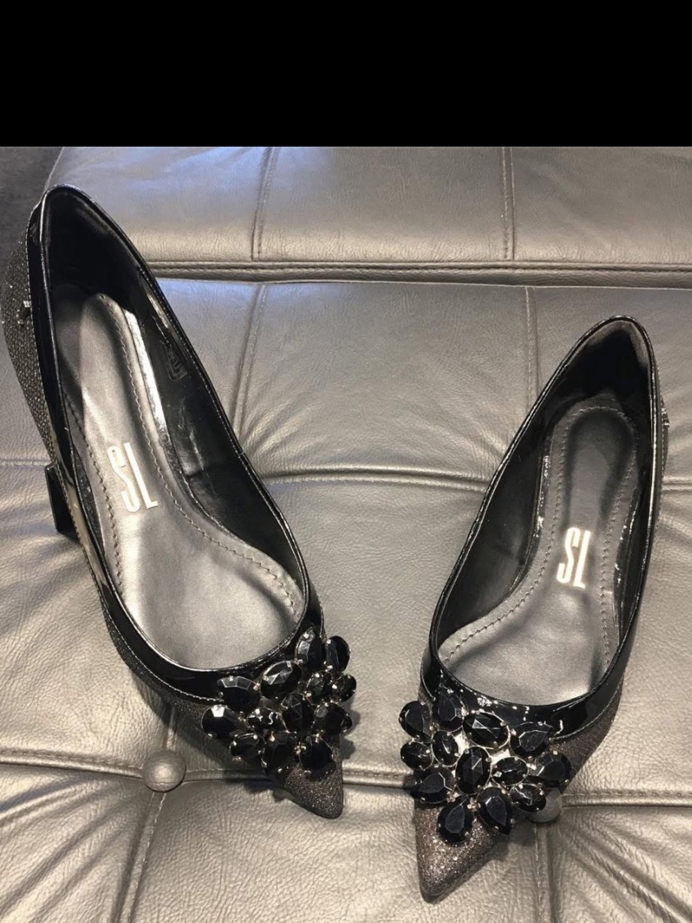 Brazilian Leather Black Jeweled Pointed Flats
